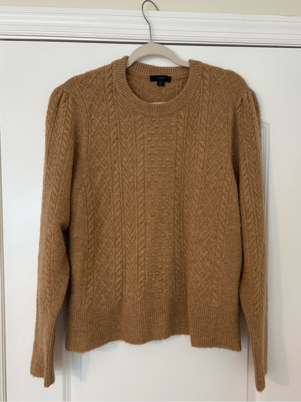 J. Crew Cable-Knit Crewneck Sweater in Camel Brown